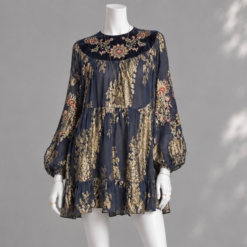 Zara Whimsigoth Dress Navy Velvet Gold Metallic Embroidered Boho Party Mini S